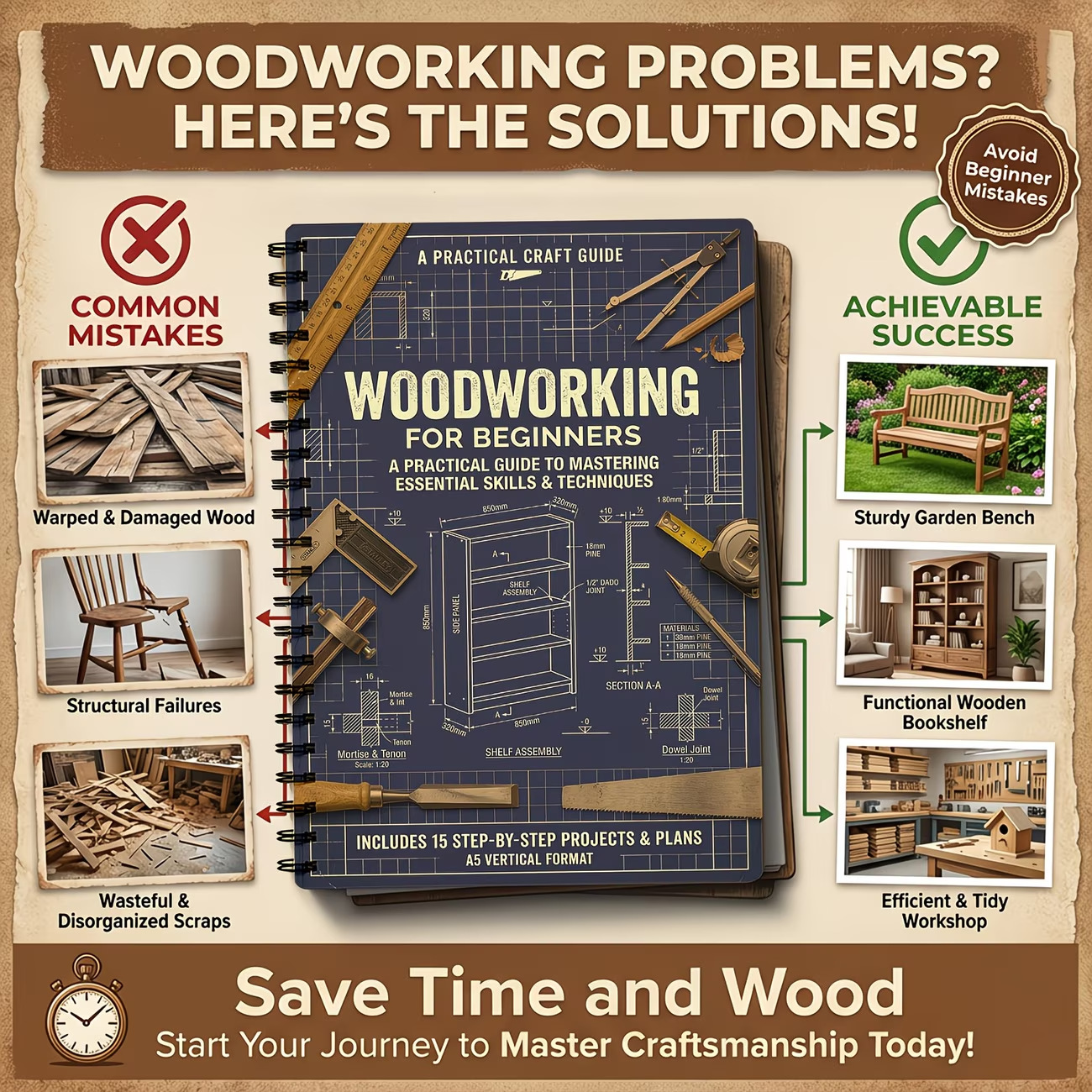 Woodworking Ebook - Carnet de notes vintage robuste à